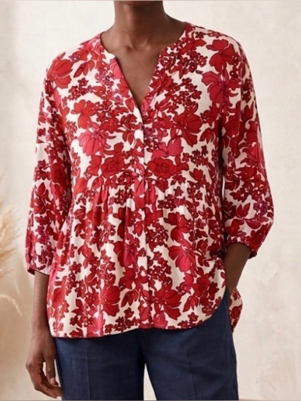 Olsen Red Floral Peasant Blouse